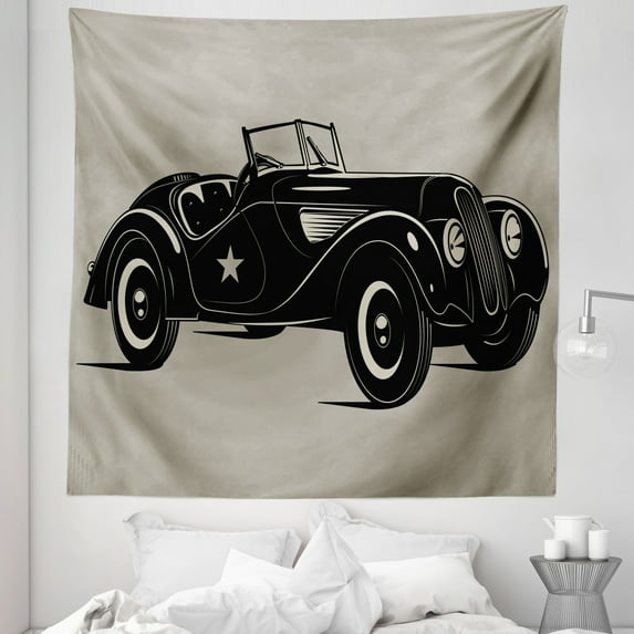 Vintage Tapestry, Classic Italian Model Nostalgic Car 50's Star Sign Pop Art Hobby Old-Fashion Image, Fabric Wall Hanging Decor for Bedroom Living Room Dorm, 5 Sizes, Brown Black, by Ambesonne