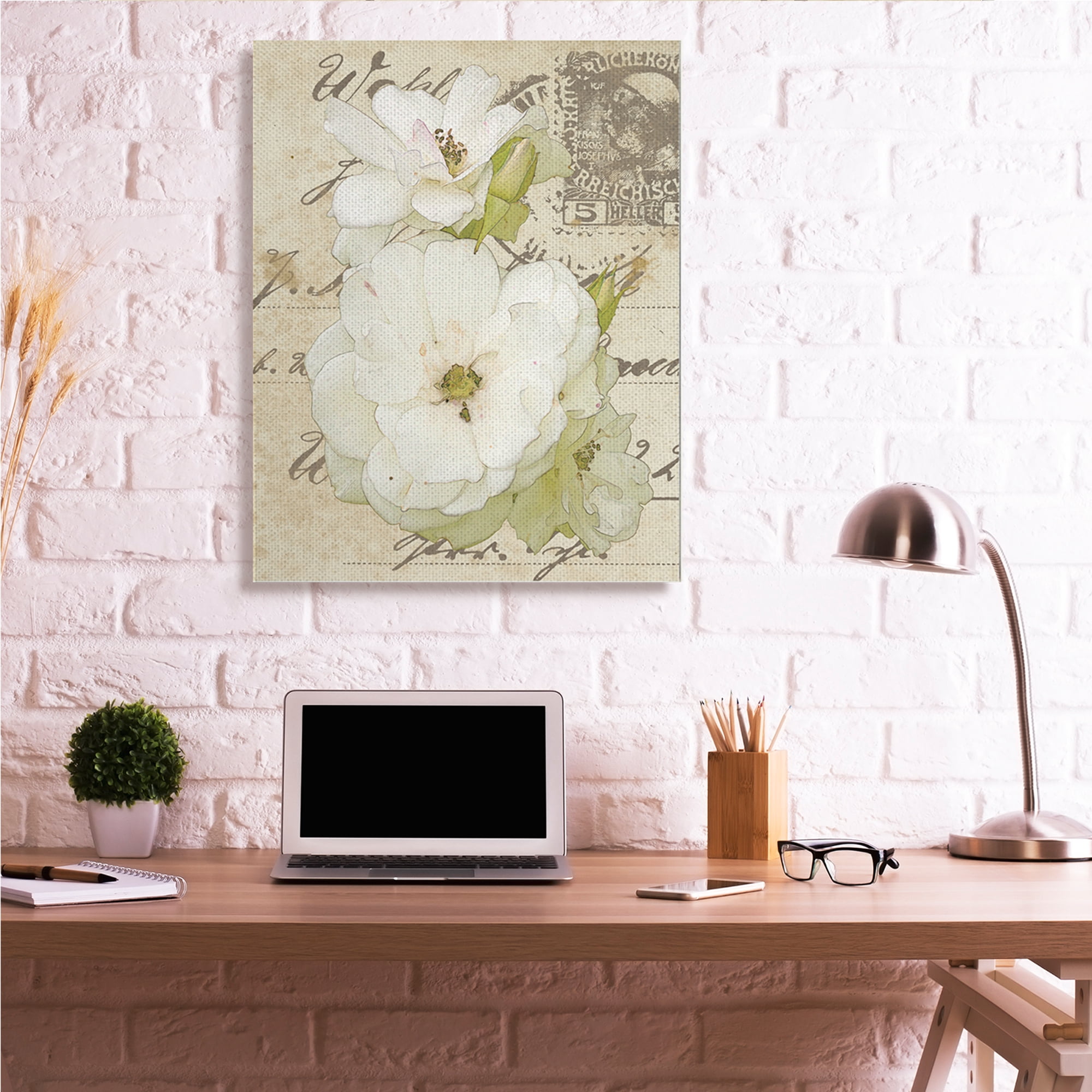 Stupell Industries White Country Florals over Vintage Postal Card,36 x 48,Designed by Alonzo Saunders