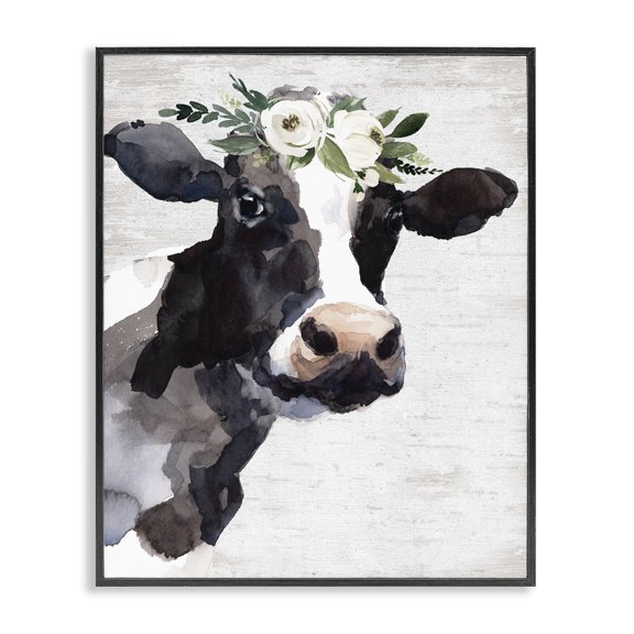 Stupell Industries Farmhouse Dairy Farm Cow Boho Floral Crown Charming Animal Black Framed Giclee Art, 11 x 14, by Lettered and Lined