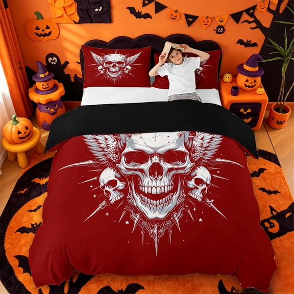 Homewish Halloween Wing Skull Bedding,Sharp Spiked Print Duvet Cover Full,Scarlet Red White,Black Reversible,3-Piece,1 Duvet Cover and 2 Pillowcases