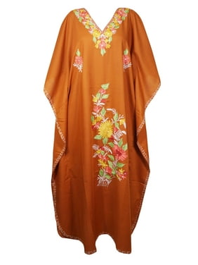 Mogul Women Bronze Kaftan Maxi Dress Boho Loose Floral Embroidered Kimono Sleeves Resort Wear Cover Up Housedress 4XL
