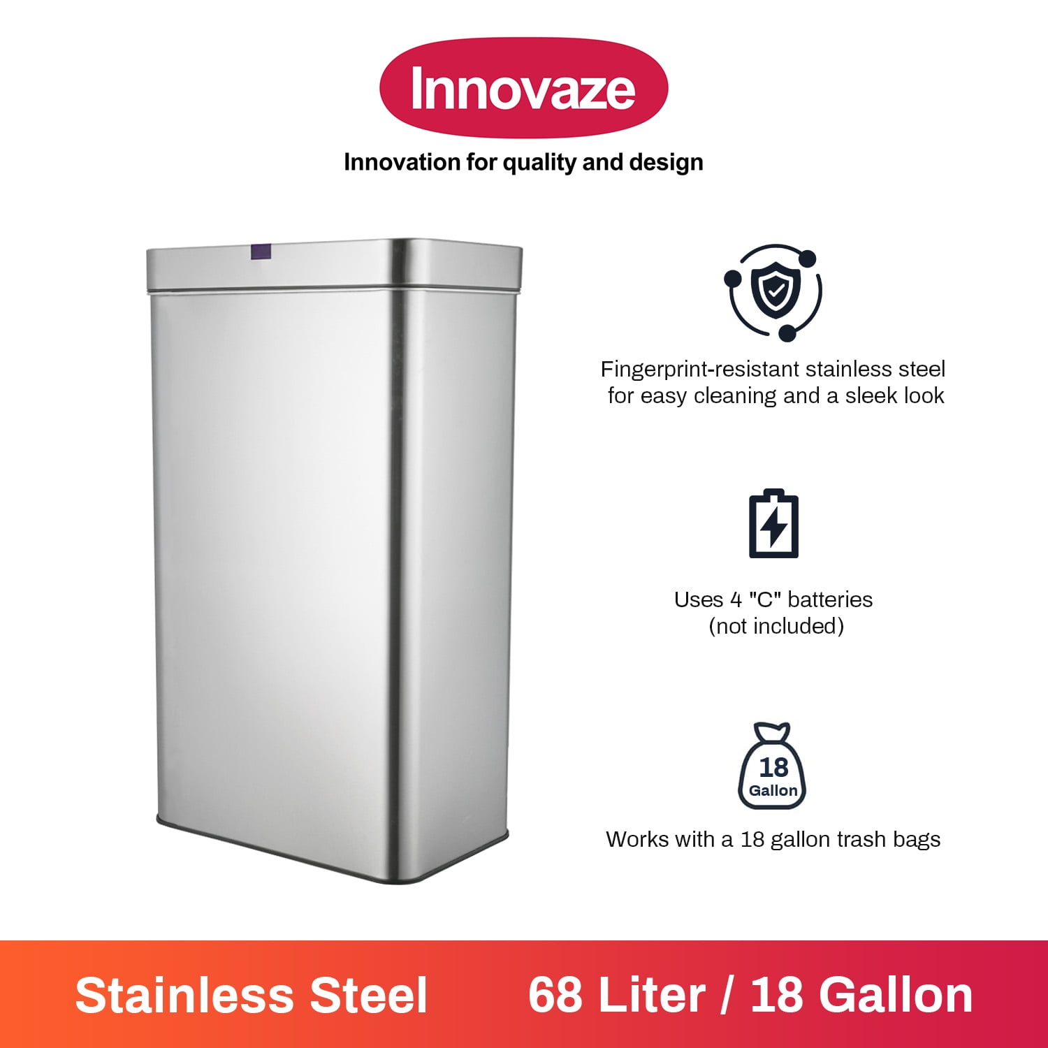 Innovaze 18 Gallon Stainless Steel Rectangular Motion Sensor Trash Can for Kitchen