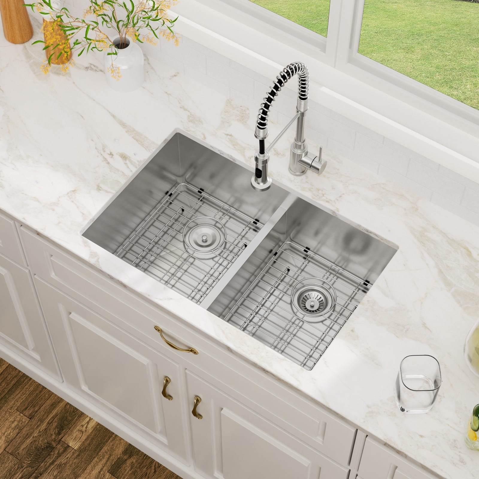 30 in. Undermount 50/50 Double Bowl 16-Gauge Stainless Steel Low Divided Kitchen Sink with 2 Pcs Bottom Grids/Drains