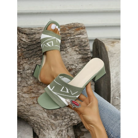 

New Summer Knitted Square Heel Women‘s High-Heeled Sandals Breathable And Comfortable Slippers