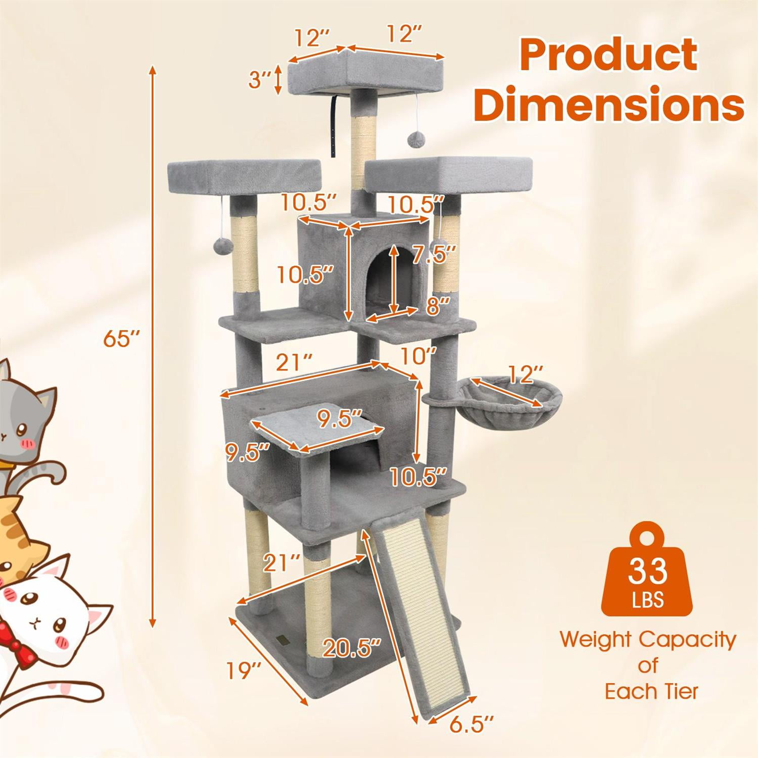 Pefilos 65" Tall Multi-Level Cat Tree, 3 Upholstered Perches & 2 Condos, Sisal Scratching Posts, Light Gray