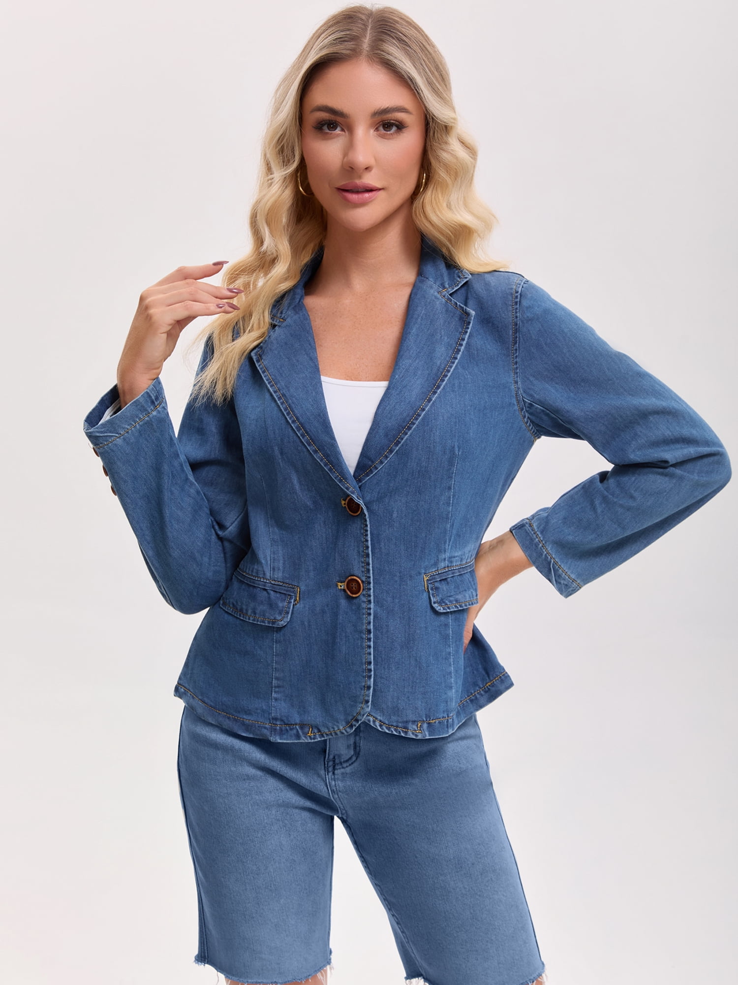 DARING DIVA Women's Notched Lapel Long Sleeve Button Fitted Blazer L Blue