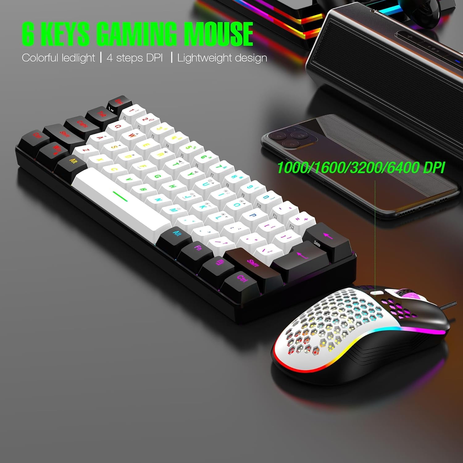 60% Wired RGB Gaming Keyboard and Mouse Combo, 14 Mode of Backlight, 6400 DPI Gaming Mouse, Mini Keyboard with Membrane Switch Comfort Use Budget Typing for PC Computer Laptop (White)
