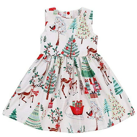 Xmas Dress for 6T Kid Girls Cartoon Xmas Dress Sleeveless Maxi Dress Christmas Trees Xmas Gift Deer Dress