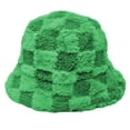 thumbnail image 5 of Women's Winter Plush Fluffy Bucket Hat Warm Faux Fur Lining Cozy Wide Brim Cap Check Green, 5 of 5