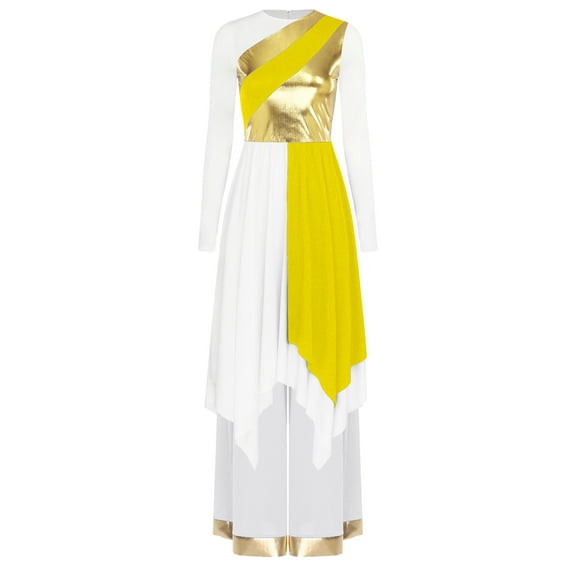 iiniim 2pcs Women Liturgical Praise Dancewear Long Sleeve Metallic Color Irregular Hem Worship Dress Wide Leg Pants Yellow XL