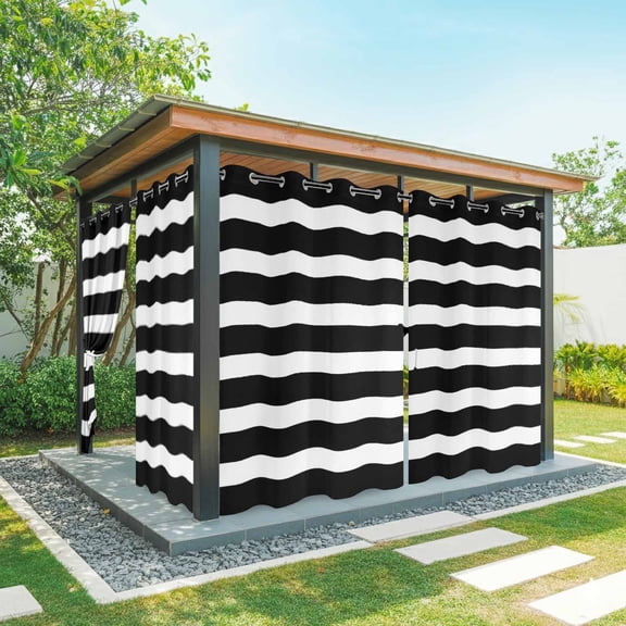 White Black Striped Outdoor Curtains for Patio Waterproof, Simple Stripes Background Grommet Curtains for Porch Outside Privacy Drape for Gazebo Garden Pergola, 2 Panels, 54x95in