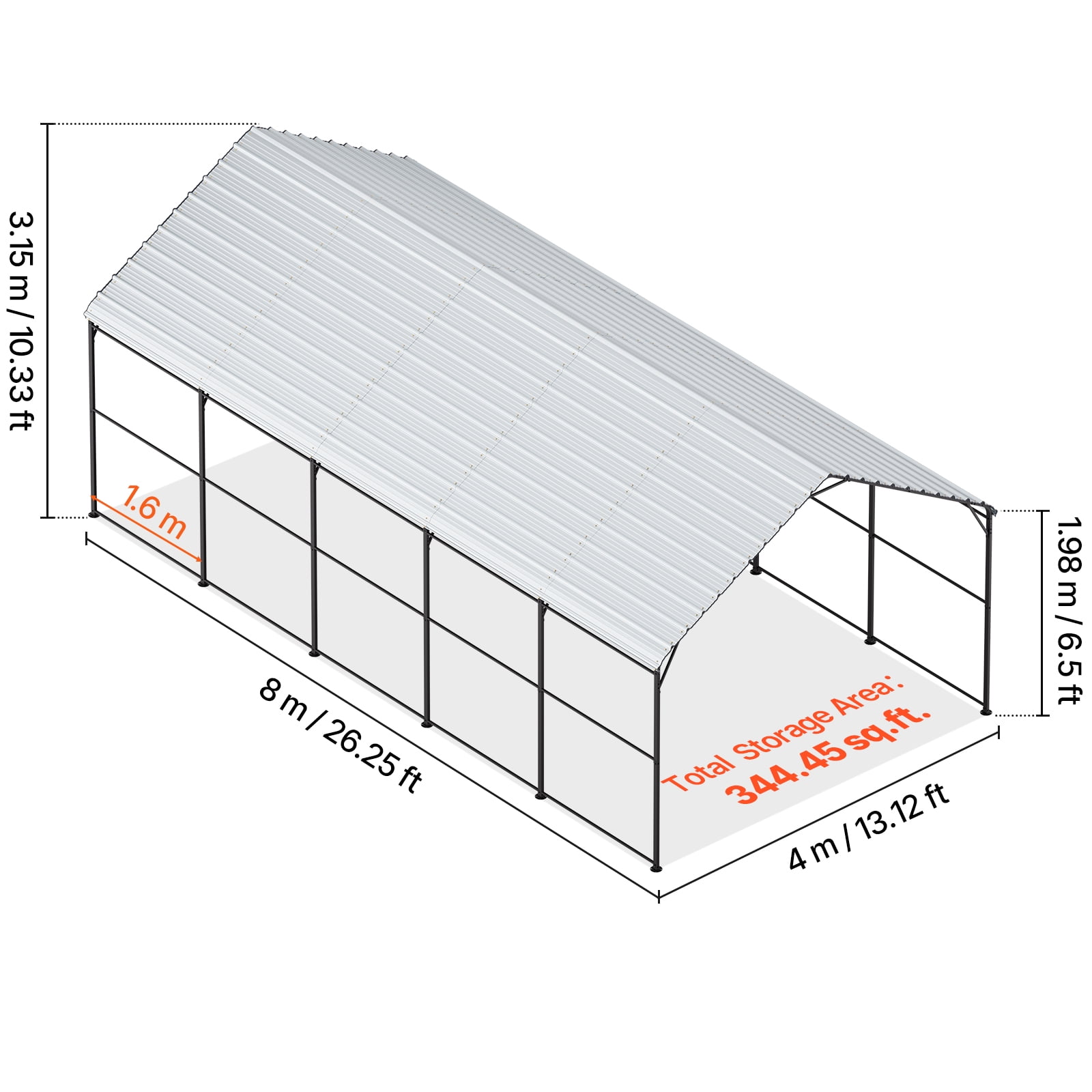 KFFKFF Durable Metal Carport, 13' x 26' Outdoor Shelter with Steel Frame & Roof, Versatile Garage Tent with Detachable Sidewalls for Vehicles, Boats