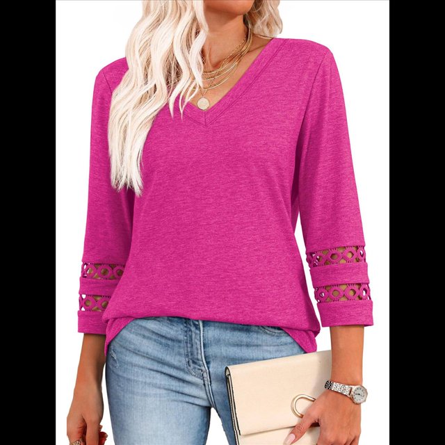 Blusas Elegantes e Informales de 3/4 para Mujer, Camisetas de Cuello en V A , Ropa de Verano 2025. Rosa Roja XL