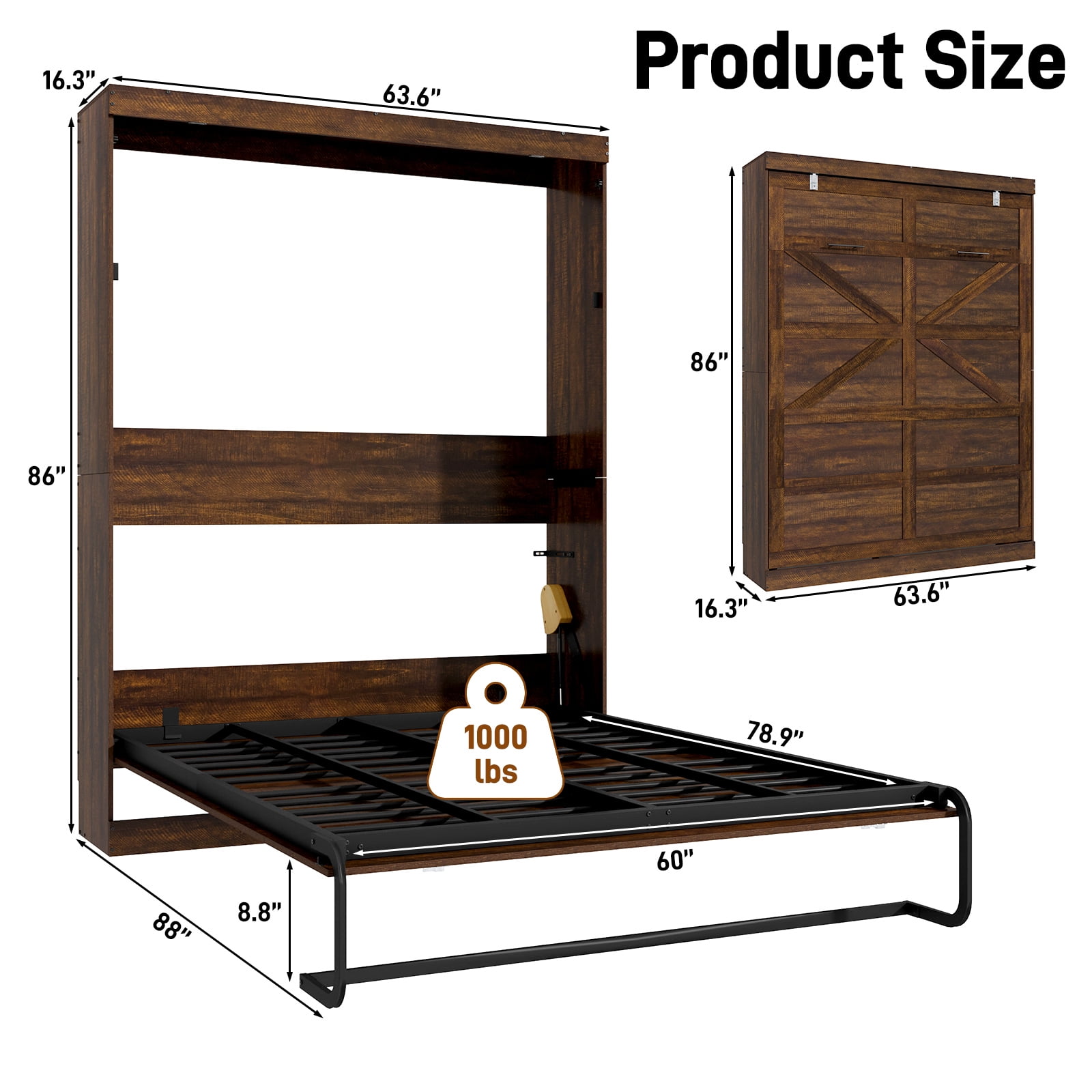 ChVans Queen Size Murphy Wall Bed with 2 LED Lights, Farmhouse Wood Space-Saving Hidden Folding Bed Chest, Multifunctional Storage Cabinet Bed with Gas Struts for Bedroom, Guest Room, Office
