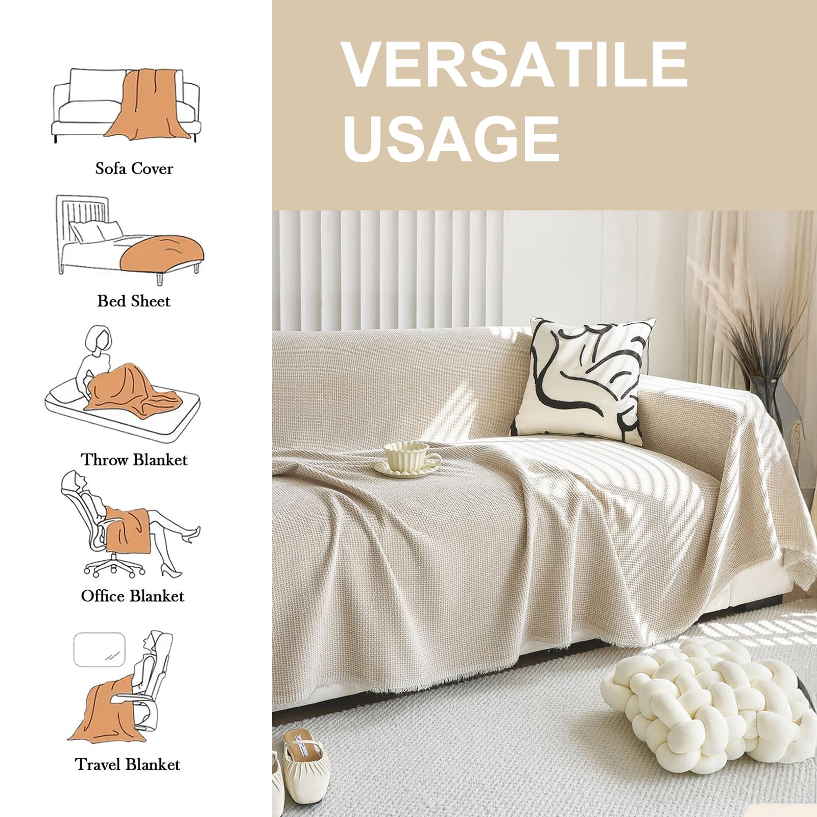 SANMADROLA Sofa Cover Chenille Couch Covers, Corduroy Jacquard Non Slip Couch Sofa Cover, Love Seat Couch Covers for 2 Cushion Couch, Furniture Protector for Dogs, Pets, 71"x118", Khaki