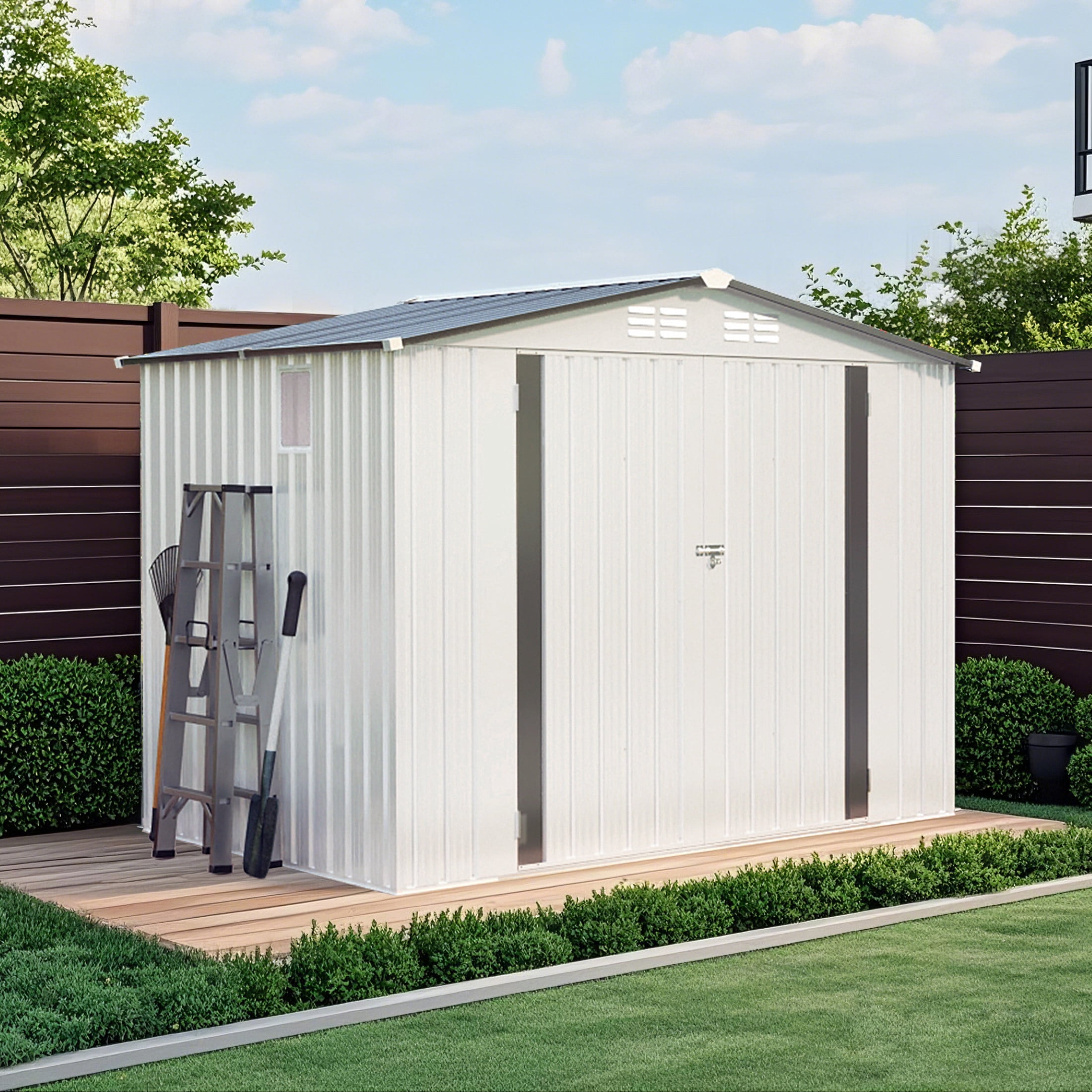 Noble House 8 x 6 FT Metal Storage Shed with Lockable Double Doors, Window and Vents, White + Gray