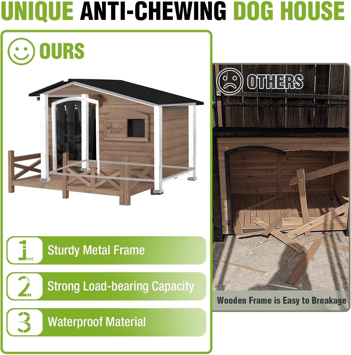 Aivituvin 44.6" L Dog House Outdoor with Anti-Chew Iron Frame, Weatherproof Dog Shelter Dog Crate for Small, Medium and Large Dogs Outside Light Brown