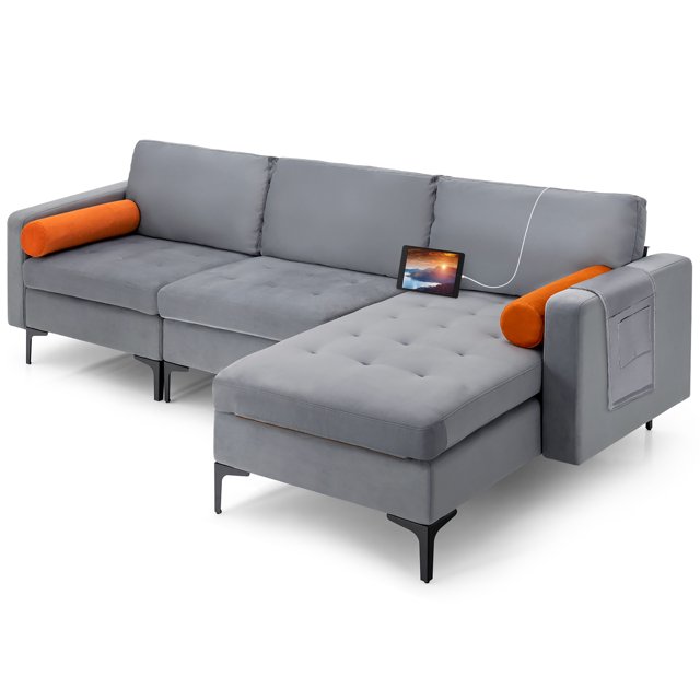 Costway Canapé Sectionnel Modulaire en Forme de L avec Méridienne Réversible et 2 Ports USB Gris Cendré