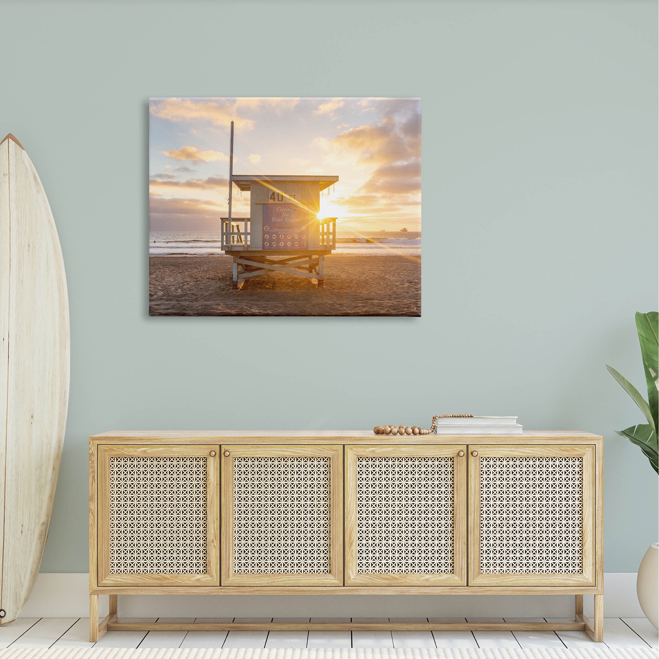 Beach Hut Sunset Flare Coastal Photograph Gallery Wrapped Canvas Print Wall Art
