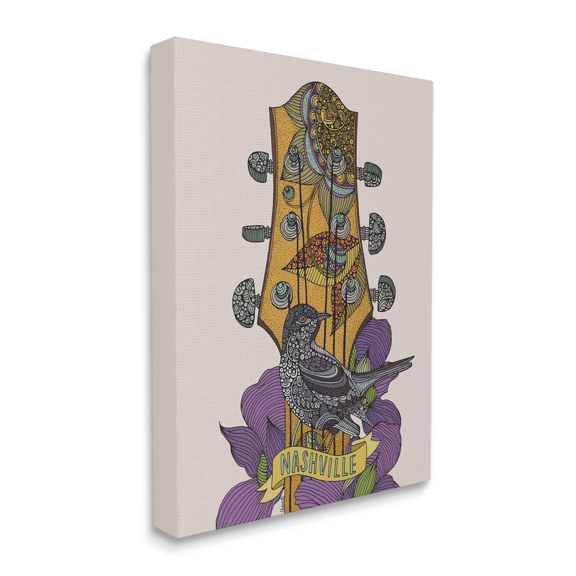 Stupell Industries Intricate Nashville Guitar Floral Patterned Bird Perched Graphic Art Gallery Wrapped Canvas Print Wall Art, Design by Valentina Harper
