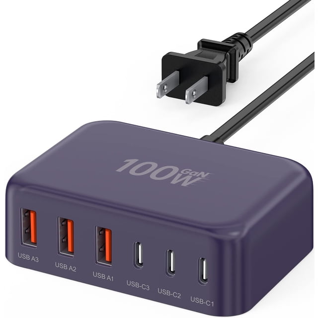 Cargador rápido USB C, 100 W, GaN, 6 puertos, estación de carga BREEKET