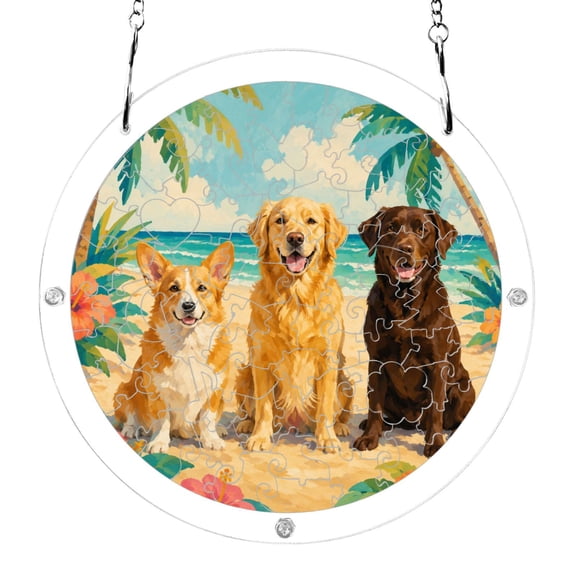 Summer Beach Dogs Tropical Flowers Acrylic Jigsaw Puzzles 83 Pieces Suncatcher for Window Hanging 7.5 Inch Holiday Home Decor
