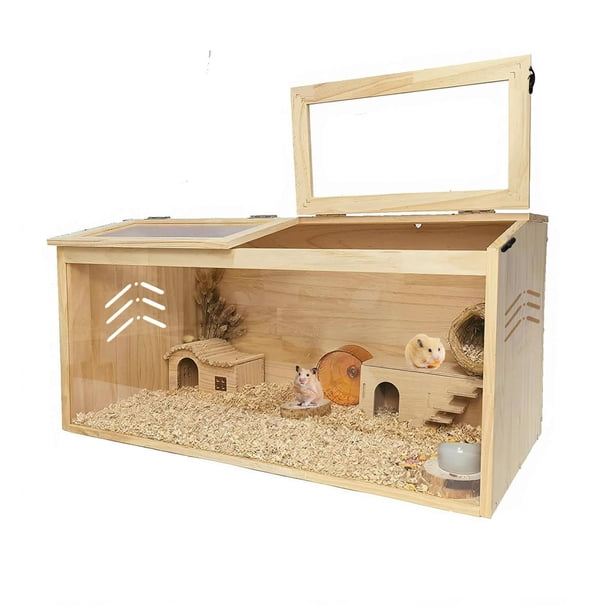 Garvee jaula grande de madera para hámster y cuyos, con 2 tapas superiores con seguro y ventana acrílica, ideal para ver a tu mascota en interior