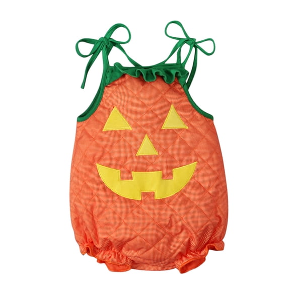 Cjfdfy Newborn Baby Girl Boy Halloween Outfit Infant Baby Girls Boys Halloween Pumpkin Costume Fall Clothes Bubble Romper Overalls Pumpkin Face Print Tie-Up Sleeveless Cosplay Jumpsuit Playsuit