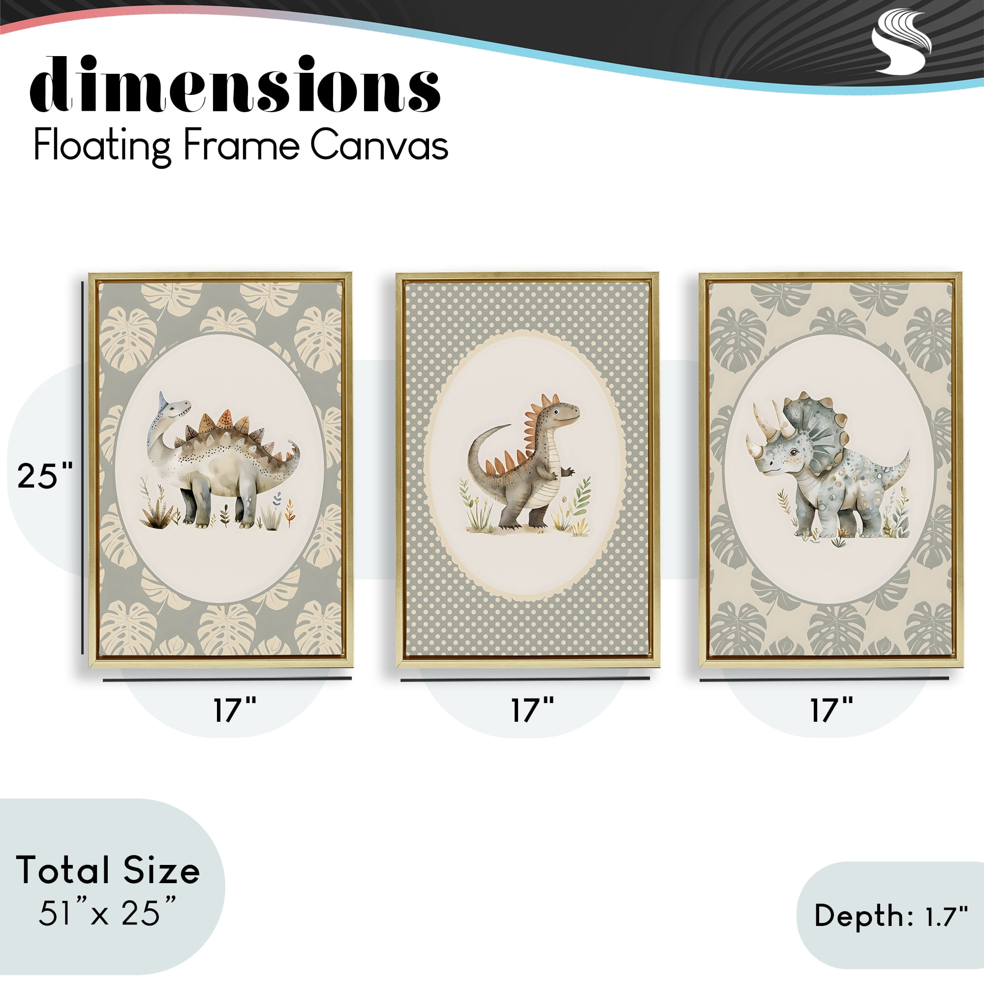 Stupell Industries Nursery Dinosaurs Tropical Border 3 Piece Gold Framed Floater Canvas Set, design by LSR Design Studio