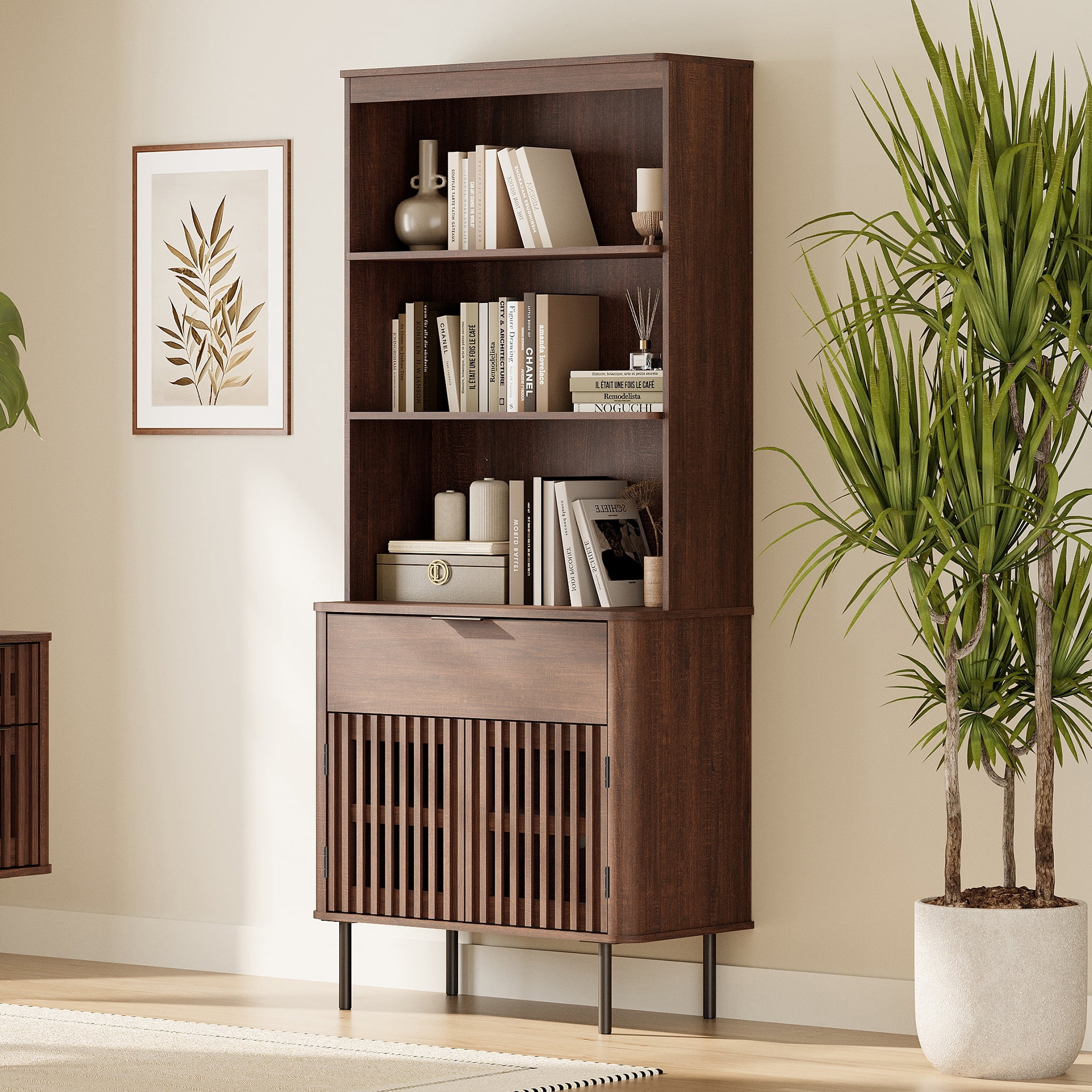 3-in-1 72.8" Fluted Pantry Cabinet with Doors & Drawer, Adjustable Shelf, Cable Mgmt, 5-Tier, Walnut