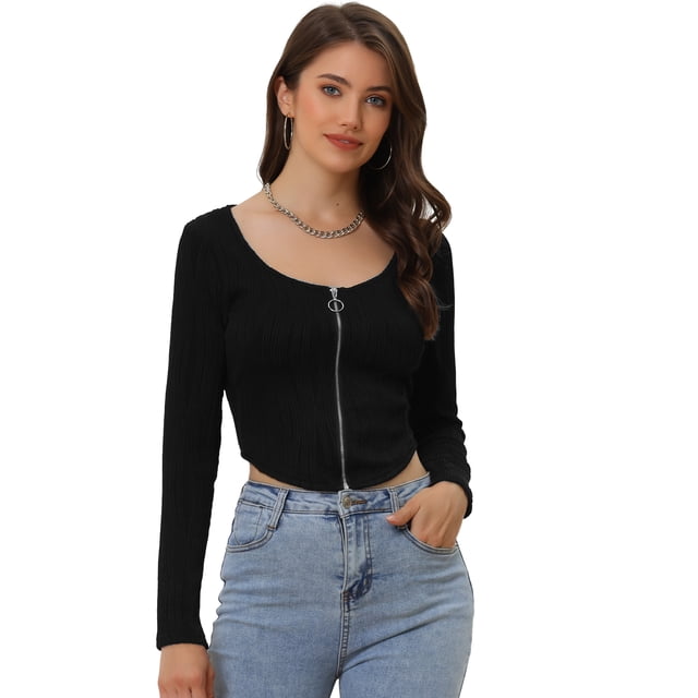 Camiseta Corta Casual para Mujer con Cuello en V y Mangas Largas con Cremallera Negro M