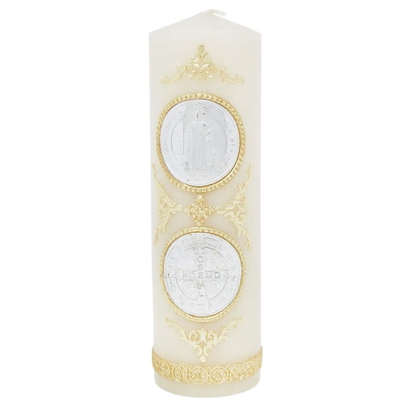 Christian Brands Saint Benedict Medal Devotional Wax Pillar Candle, 7 3/4 Inch