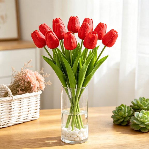 Hyknon Artificial Tulips Flowers, Faux Silk Flower Picks with Stems, Realistic Bendable DIY Floral Bundles, Real Touch Fade Resistan Bouquet Decor for Indoor Decor Table Centerpieces Wedding Home 13"