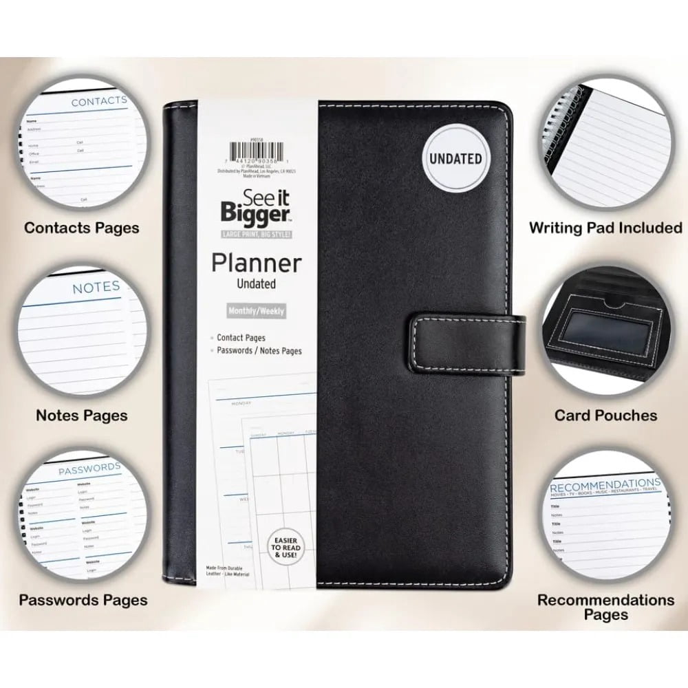 See It Bigger Padfolio Planner, Medium (6.5" x 9"), Black, UNDATED