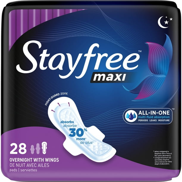 Stayfree Maxi, Overnight Pads with Wings, Unscented, 28 Ct Walmart