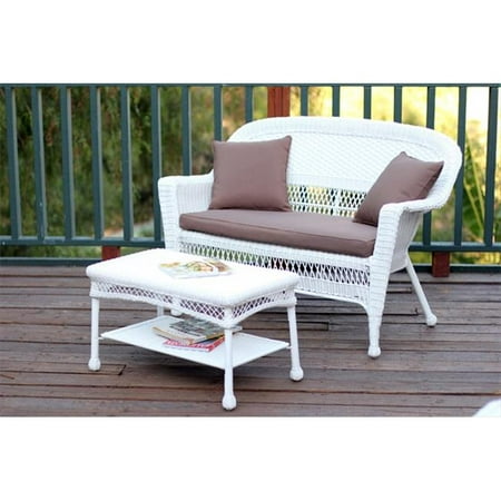 Jeco W00206-LCS007 White Wicker Patio Love Seat And Coffee Table Set With Brown Cushion