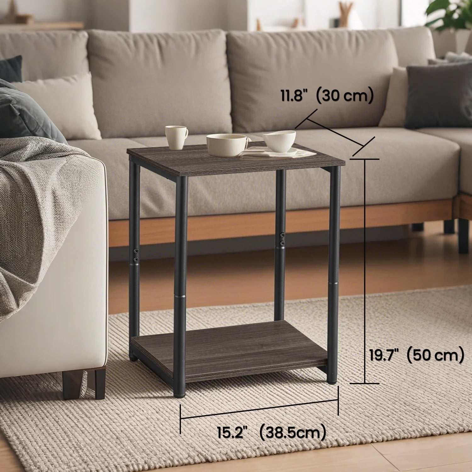 LEDREM Industrial 2-Pack Accent End Tables, Sturdy Steel Frame & Particleboard, Easy assembly, Adjustable Feet Slim Side Table, Brown & Black