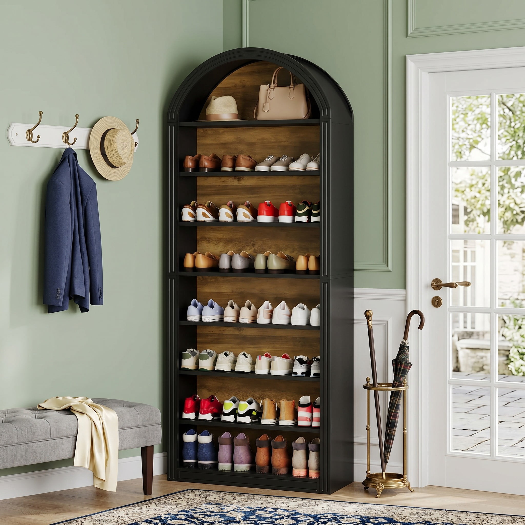 Fnova 79.5" Arched Shoe Storage Cabinet, 8-Tier Wooden Shoe Organizer Rack for 35 Pairs, Adjustable Shelves, Black