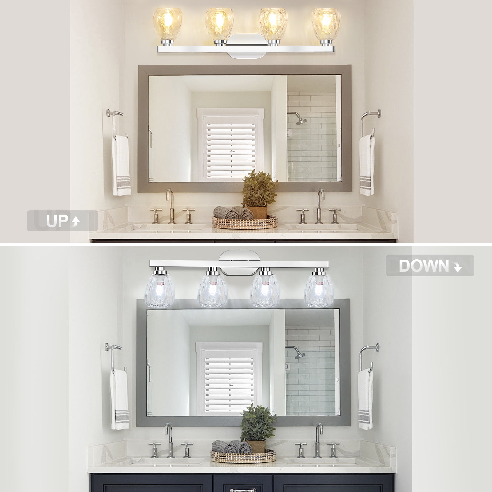3/4/5/6 Light Bathroom Light Fixtures, Chrome Vanity Light Fixtures Over Mirror Wall Mount Lighting Fixture with Hammered Glass Shade E26 Socket for Hallway Kitchen Bedroom Living Room