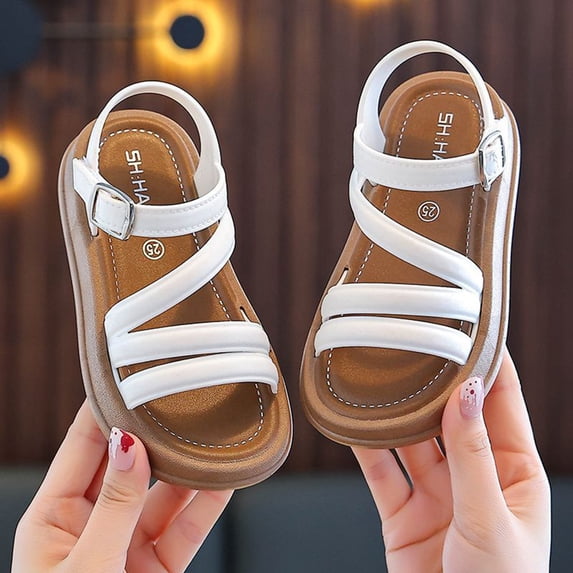 uikmnh Toddler Girls Black Classic Strap Sandals Kids Comfort Soft Sole Summer Shoes for School Beach Size:9.5-10 Years