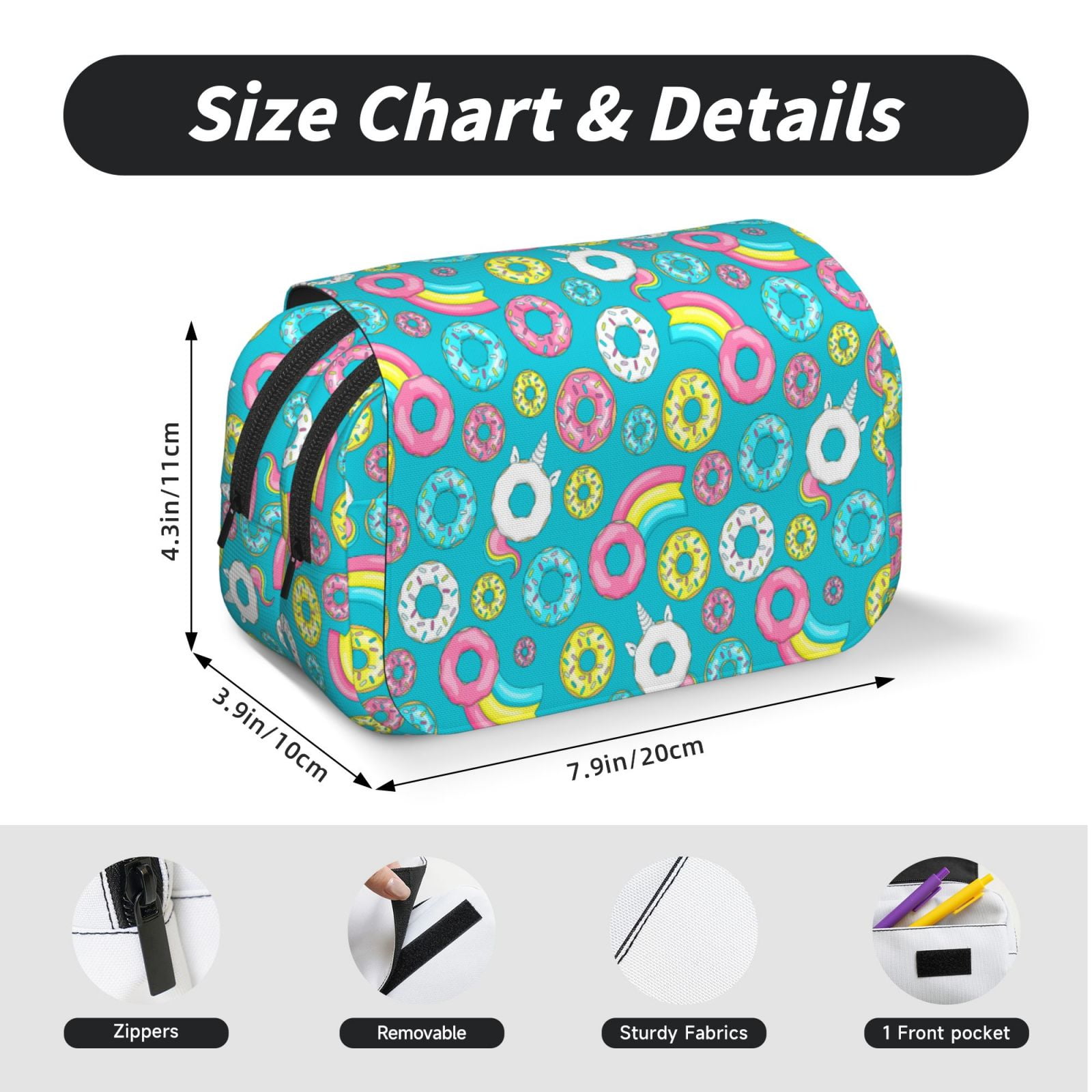 Rateoe Donut Pattern Double Clamshell Pen Case, Storage Organizer with Two Zipper Compartments– Holds Up to 50 Pencils & Pens