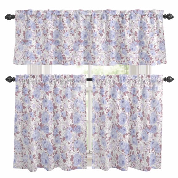 Spring Florals Kitchen Curtains and Valances Set, Retro Purple Floral Texture 3 Piece Curtains Valances and Tiers Set Rod Pocket for Kitchen Bathroom Windows 24 Inch