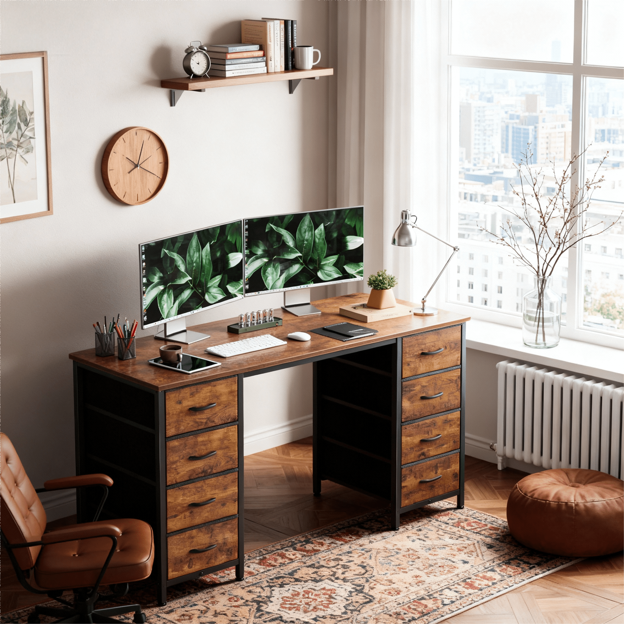 CONCETTA 47 Inch Computer Desk with 8 Fabric Drawers, Home Office Desk Workstation for Study & Gaming, Large Storage Writing Desk, Sturdy Metal Frame, Brown