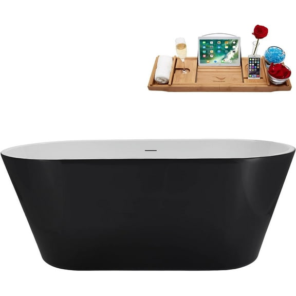 59" Streamline NB6460BGL Soaking Glossy Black Freestanding Tub and Tray With Internal Drain in Brushed Gold