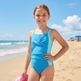 thumbnail image 3 of Girls One-Piece Crisscross Back Swimwear Sleeveless Swimsuit Ruched Color Block Bathing Suit for Girls Ages 13-14 Years, 3 of 9