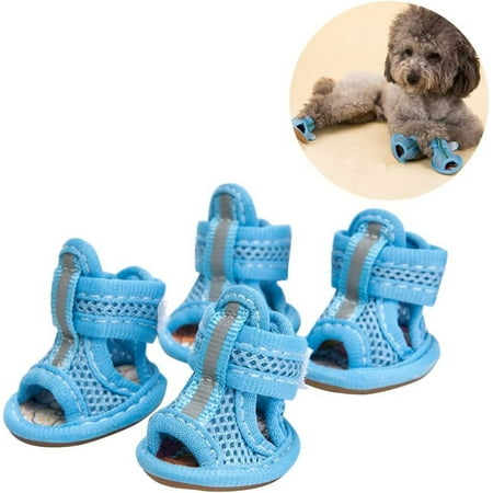Dog Mesh Sandals- 4pcs Summer Dog Boots  Breathable Dog Shoes  Anti- Slip Dog Sneakers  Pasted Dog Sandals  Creative Pet Shoes for Dog Cat  Blue (Size 3)