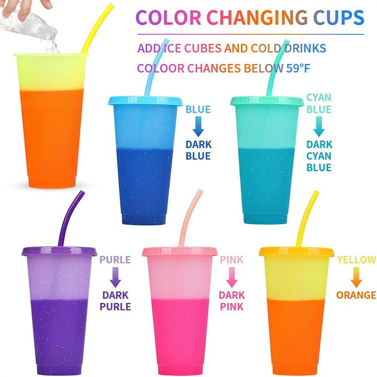 Trianu Glitter Color Changing Cups with Lids & Straws - 7 Pack 12 oz Reusable Cute Plastic Tumbler Bulk - Kids Small Funny Travel Straw Tumblers/