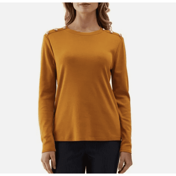 Rafaella Women's Decorative Buttons Long Sleeve Tee Buckthorn Brown - Size: X-Small