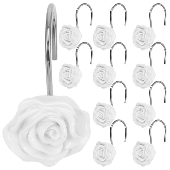KALLORY White Resin Rose Shower Curtain Hooks, Unique Design, Easy to Install, Set of 12 Bathroom Accessories