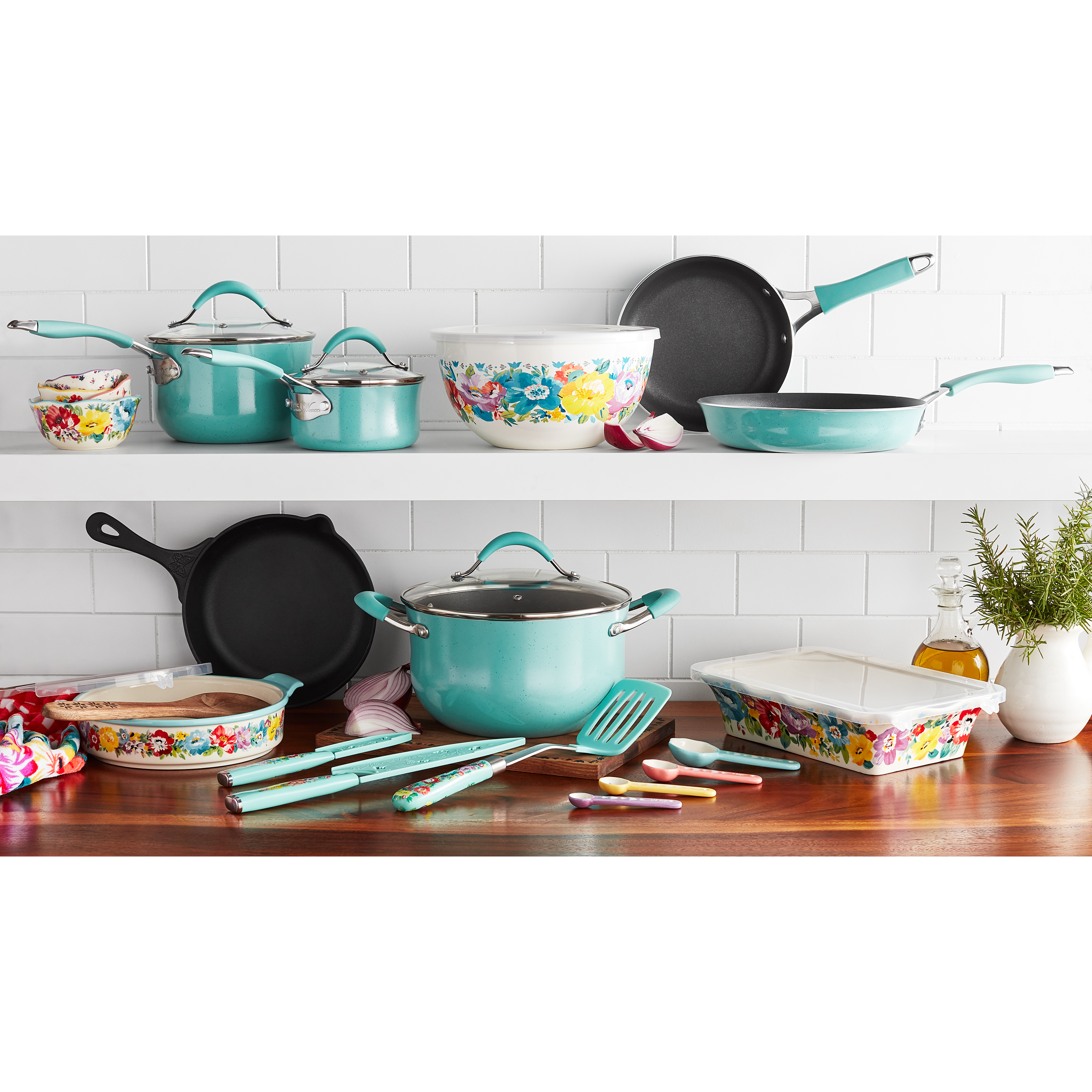 The Pioneer Woman Sweet Romance 30-Piece Nonstick Cookware Set, Turquoise - image 11 of 13